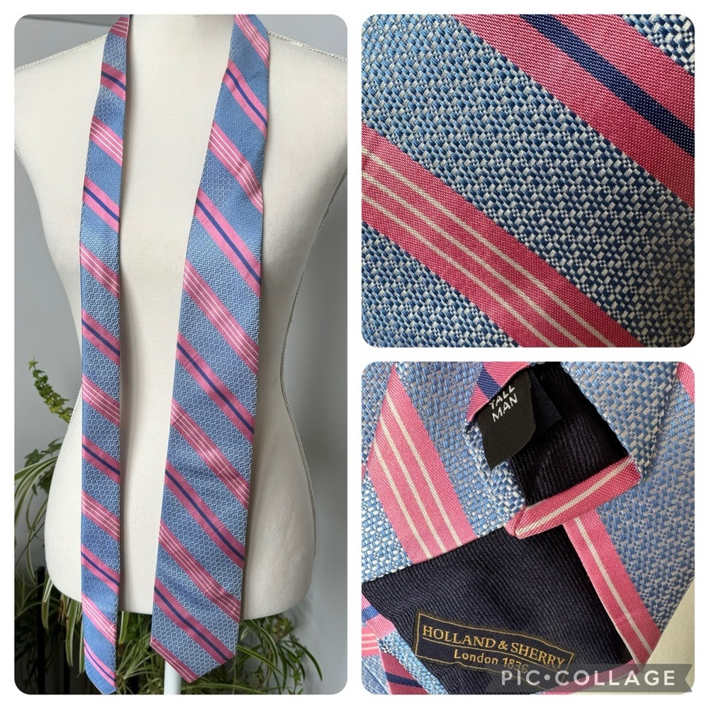 Holland & Sherry Tall Man Necktie Silk USA Made Pink Blue White‎ Striped